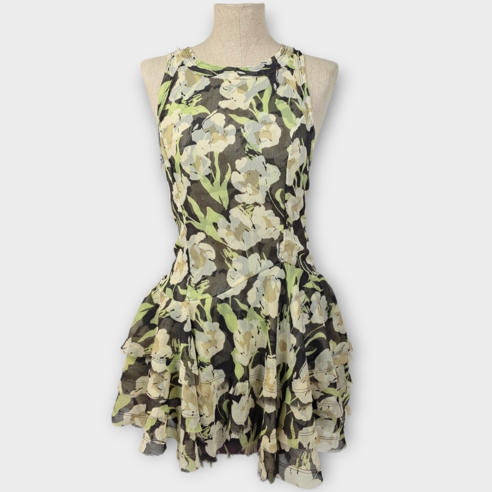 Free People Raven Printed Mini Dress Black Coffee Combo Green Floral S NWT $128 - Picture 2 of 15